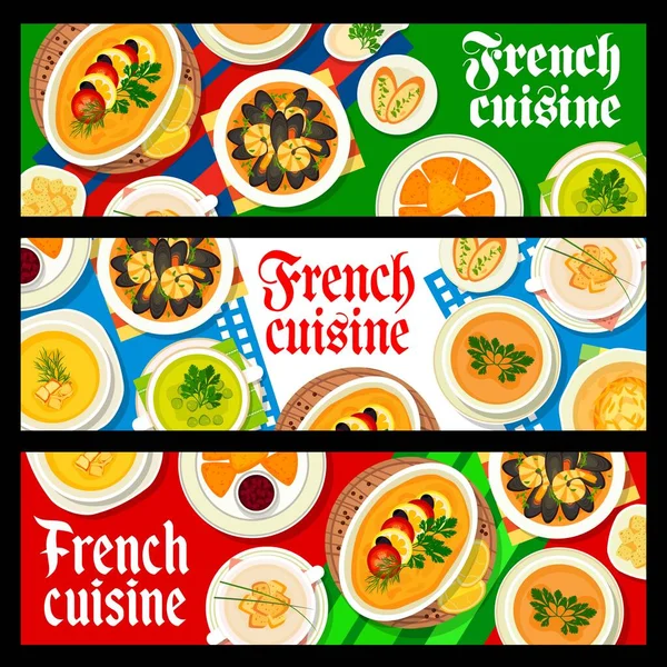 French Cuisine Restaurant Food Banners Vector Seafood Soup Bouillabaisse Onion — Stock Vector
