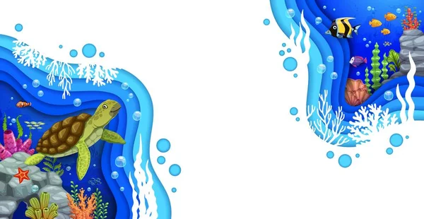 Мультфильм Подводной Бумаги Сократить Ландшафт Морской Черепахой Тропических Рыб Векторный — стоковый вектор