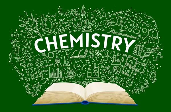 学校の黒板の背景 ベクトル教育と科学に関する化学教科書 化学書又は学生のための公開教科書及び化学実験室試験及び式のドードルチョークによる研究 — ストックベクタ