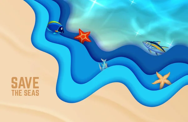 Sea Wave Paper Cut Banner Vektor Hintergrund Mit Meer Und — Stockvektor