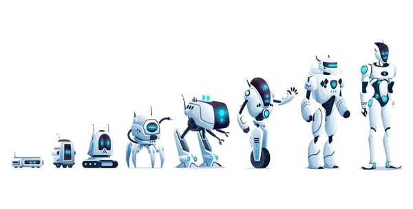 人工知能技術 ベクトル文字のロボット進化 ロボットの進化 デジタル技術と将来の技術革新 Aiコンピュータボットの進歩 サイバーアンドロイドまたはサイボーグドロイドの開発 — ストックベクタ