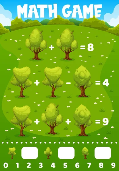 Wiskundewerkblad Cartoon Bos Bomen Kids Wiskundige Puzzel Kinderen Educatieve Vector — Stockvector