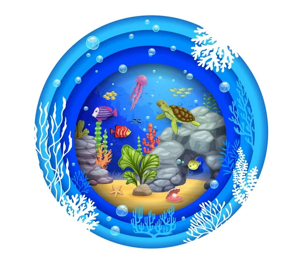 Cartoon Turtle Fish Seaweeds Underwater Paper Cut Vector Tropical Sea — Stock Vector