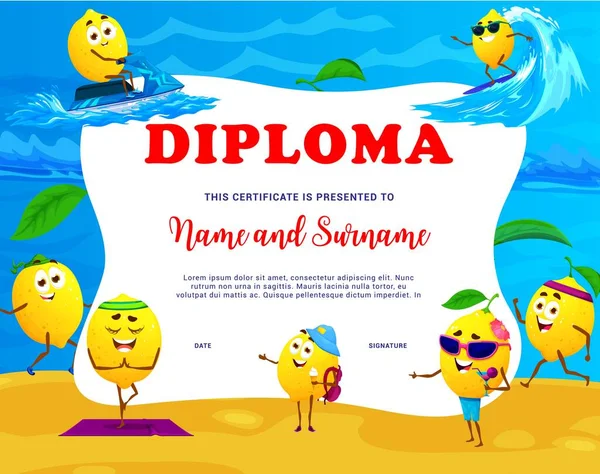 Diploma Infantil Personaje Dibujos Animados Limón Vacaciones Verano Playa Graduación — Archivo Imágenes Vectoriales