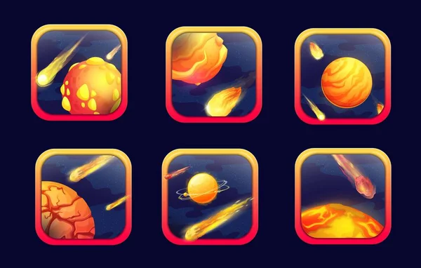 漫画宇宙ゲームアプリのアイコン オレンジの惑星と小惑星 ゲームインターフェースボタン コンピュータアプリケーションベクトル気要素 宇宙空間における幻想的な宇宙銀河オブジェクトとモバイルゲームUi — ストックベクタ