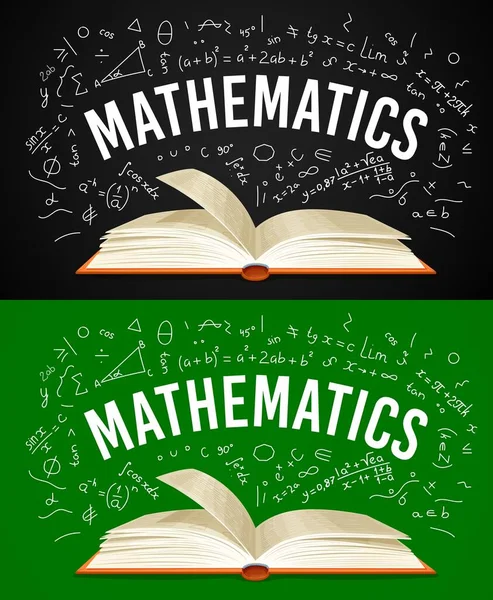数学课本与公式在学校黑板上 矢量数学科学 带有橙色封面的开卷本 背景为黑板 附有数学公式 几何形状 代数方程 — 图库矢量图片