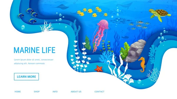 Landing Page Cartoon Sea Turtle Jellyfish Tropical Fish Shoal Paper — Stock Vector