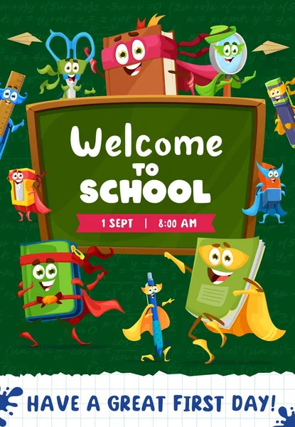 Ritorno Scuola Volantino Cartoni Animati Personaggi Cancelleria Supereroe Poster Educazione — Vettoriale Stock