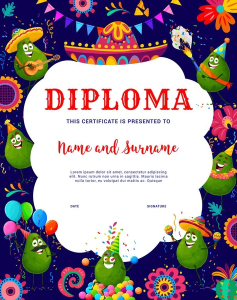 Diploma Niños Personajes Dibujos Animados Aguacate Fiesta Mexicana Marco Certificado — Archivo Imágenes Vectoriales
