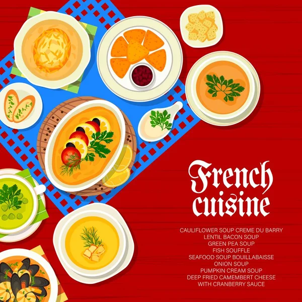 Fransız Mutfağı Menüsü Vektör Yeşil Bezelye Çorbası Mercimek Pastırması Balık — Stok Vektör