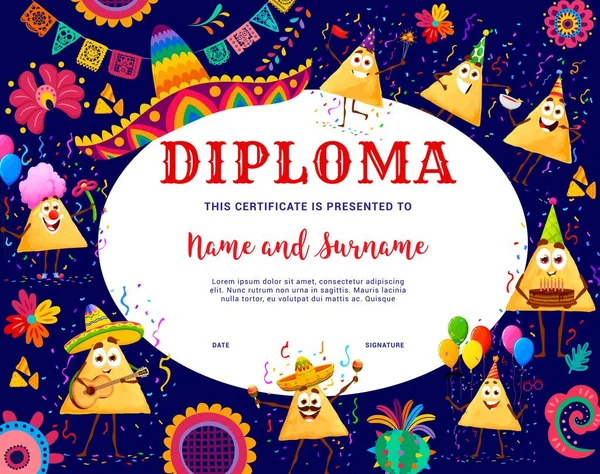 Diploma Cumpleaños Niños Nachos Mexicanos Fichas Personajes Vacaciones Escuela Educación — Vector de stock