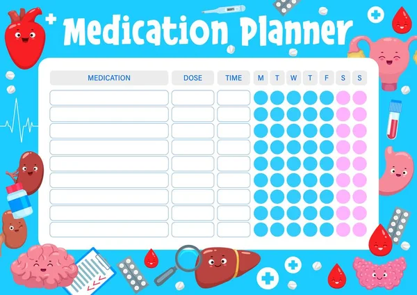 每周的药物计划 快乐的人体特征 药物处方周时间表 药物剂量矢量每日规划与心脏 儿童和大脑 胃有趣的人物 — 图库矢量图片