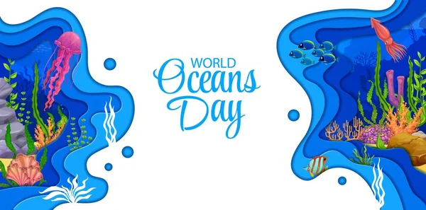 World Ocean Day Banner Cartoon Sea Paper Cut Landscape Seaweeds — Stock Vector