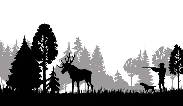 捕猎轮廓 猎手带着猎枪 猎狗和麋鹿在森林里 猎杀病媒运动 猎手以野生麋鹿为目标 以松树和草皮的自然景观为背景 — 图库矢量图片