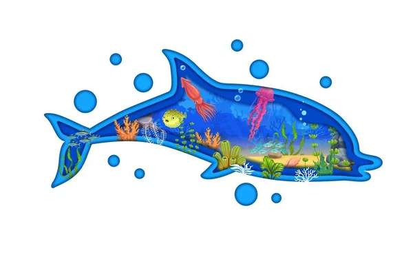 Dolphin Papier Geschnitten Silhouette Und Cartoon Meer Unterwasserlandschaft Mit Vektorfischen — Stockvektor