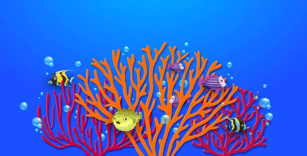 Sea Paper Cut Poster Corals Tropical Fishes Protect Ocean Vector — Stock Vector