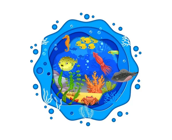 Cartoon Sea Paper Cut Landscape Underwater Animals Corals Seaweeds Vector — Stock Vector