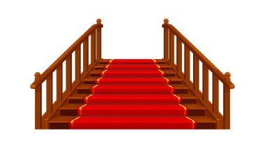Kale ve saray merdivenleri. Ortaçağ kraliyet ailesinden kırmızı halılı tahta merdivenler, fantezi ve peri masalı inşa eden iç vektör elementi. Çizgi film ahşap merdiveni ya da merdiveni raylı ve balyalıklı
