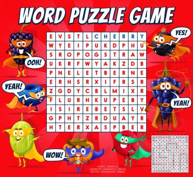 Çizgi film süper kahraman dut karakterleri. Kelime arama bulmaca oyunu. Süper güçleri olan vektör avcıları. Çocuk ödevi. Gülümseyen çilek, kızılcık, Bektaşi üzümü, ahududu, yabanmersini ve kiraz kişiliği