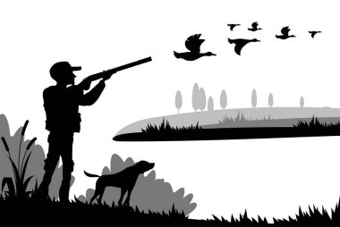 Siluet avlıyorum. Avcı av tüfeği, köpek ve ördek sürüsü bataklık doğasının vektör arka planında. Ördek avı sporu, uçan ördek kuşlarını silahla ya da tüfekle vuran adam av köpeği ve bataklık ağaçları.