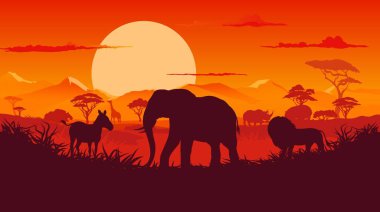 Safari hayvanları siluetleriyle Afrika gün batımı manzarası. Fil, zebra, aslan, zürafa ve gergedanlı vektör arkaplan. Alacakaranlık savan manzarası. Kızıl gökyüzü, güneş ve bitki örtüsü gölgeleri.