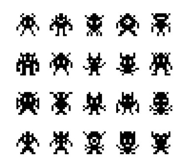 Piksel canavarlar, oyun karakterleri. Piksel sanat tarzında tuhaf yaratıkların izole edilmiş vektör seti. Klasik 8-bit grafik siluetleri. Retro video oyunu simgeleri. Beyaz arka planda siyah, basit uzaylılar