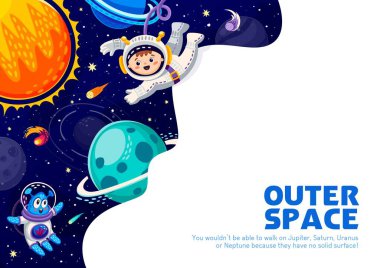 Uzay posteri, çizgi film uzaylısı ve astronot çocuk. Uzay yolculuğu, galaksi macera uçuşu ya da uzay giysili neşeli çocuk, komik uzaylı astronot karakter, güneş, yıldızlar ve galaksi gezegenleri
