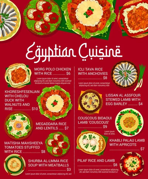Меню Египетской Кухни Обеды Ужины Векторные Блюда Ресторана Египетская Кухня — стоковый вектор