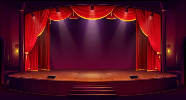 Escenario Teatro Dibujos Animados Con Cortinas Rojas Focos Suelo Madera — Vector de stock