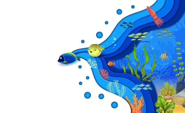 Карикатурные Тропические Рыбы Кальмары Морской Бумаге Срезают Пейзаж Водорослями Кораллами — стоковый вектор