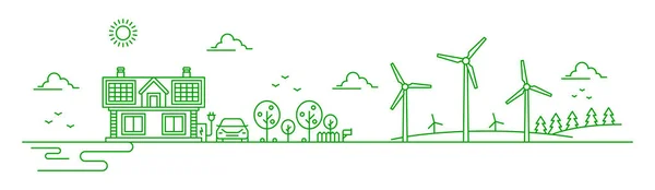 生态城市景观 矢量绿色能源 生态与环境 绿树村屋 屋顶太阳能电池板 充电器 风力涡轮机 晴空电动车的细线施工 — 图库矢量图片