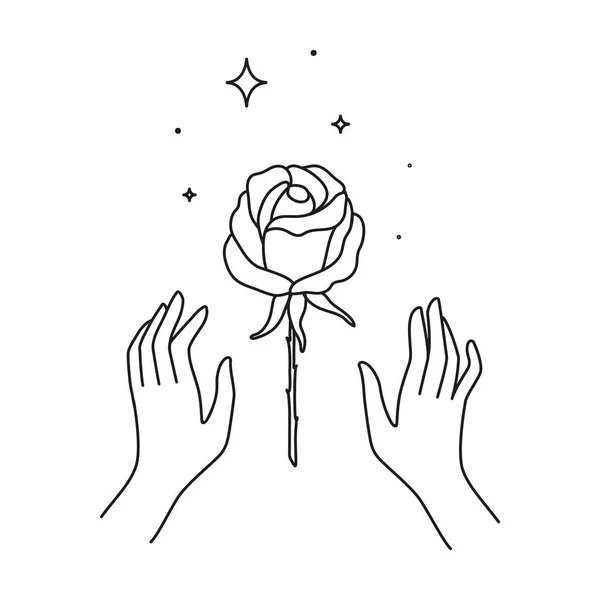 Mystique Fleur Tatouage Rose Scintille Icône Ligne Mince Isolé Main — Image vectorielle