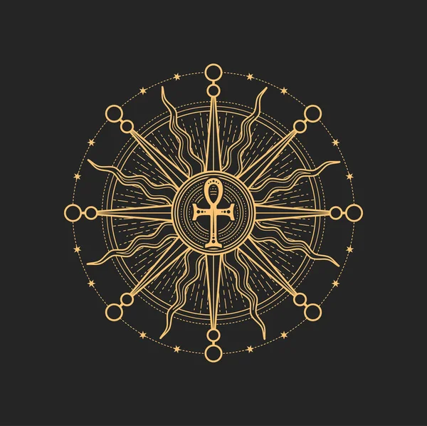 太陽と銀行は密教のオカルト五角形 魔法のタロット記号を横断する 円の中にエジプトの神秘的なシンボルを持つベクトル太陽星 錬金術 神秘的なマソンのシンボル お守りやお守り タトゥーデザイン — ストックベクタ