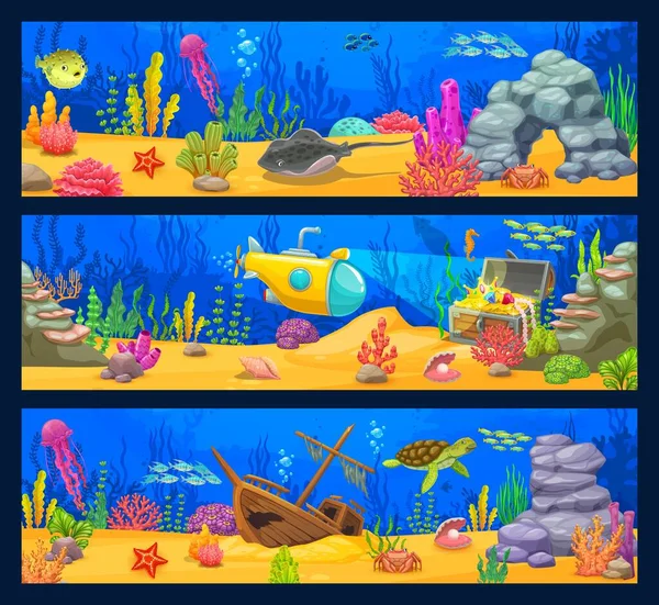 Підводний Пейзаж Мультяшні Морські Тварини Водорості Підводні Човни Скарби Векторні — стоковий вектор
