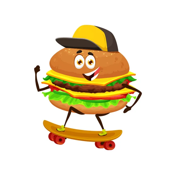 スケートボード上の漫画のチーズバーガー文字 かわいいファーストフードバーガースケートボーダーのベクトルパーソナージュ 幸せな笑顔サンドイッチ Emojidex 絵文字デックス チーズ キャップ付きスケートボード — ストックベクタ