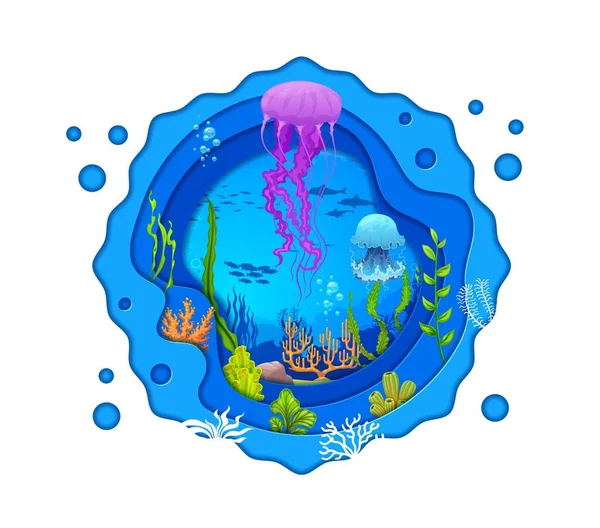 Paisaje Cortado Papel Submarino Con Medusas Dibujos Animados Algas Marinas — Vector de stock