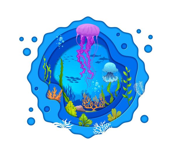 Sea underwater paper cut landscape with cartoon jellyfish and seaweed, fish and animals. Vector background of ocean water waves with coral reef plants and dolphins in 3d round frame of papercut layers
