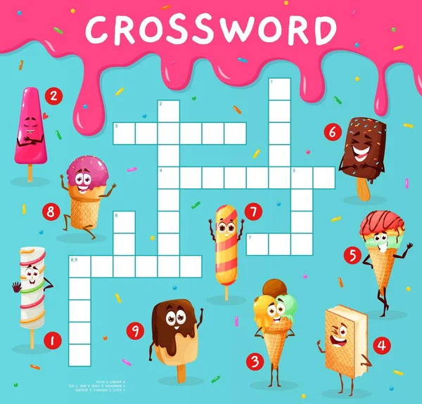 Crossword Quiz Game Grid Cartoon Funny Ice Cream Dessert Characters — Stock Vector