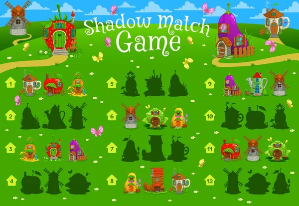 Shadow Match Spel Sprookjesachtige Magische Huizen Woningen Kinderen Vector Quiz — Stockvector