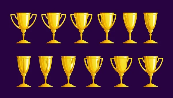 黄金のトロフィーカップシーケンス アニメーションスプライトシート ベクトルは金のゴブレットの動き 勝者の感謝 勝利と達成のための賞を好転させます スポーツやゲームのUi要素の第一位賞 — ストックベクタ