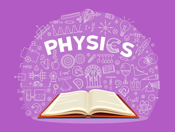 물리학 교과서 공식을 게시판에 개략적으로 합니다 발견의 표시와 학생의 — 스톡 벡터