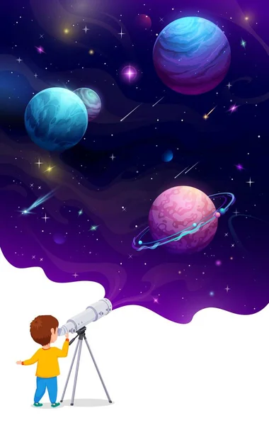 Young Child Telescope Cartoon Space Landscape Sky Vector Scene Little — Stock Vector