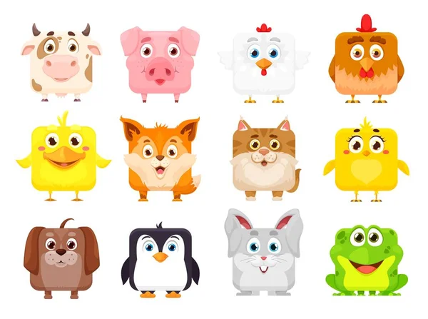Dibujos Animados Kawaii Caras Cuadradas Animales Mascotas Lindas Vector Kawaii — Vector de stock