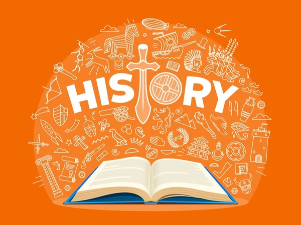 历史教科书 学校董事会上的科学符号概述 具有开放书籍和著名历史事件与发现细线标志的矢量科学教育背景 学科或班级 — 图库矢量图片