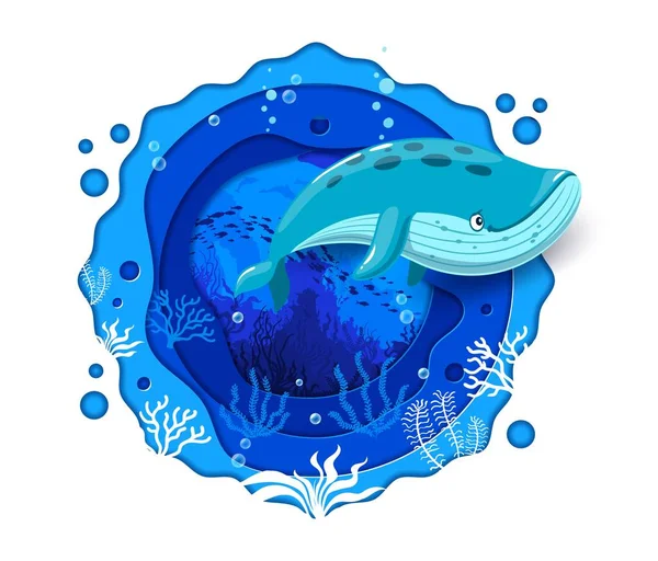Karikatur Blauwal Und Meerespapier Schneiden Landschaft Mit Fischschwärmen Und Algen — Stockvektor