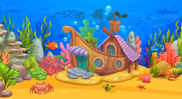 沈没船や海藻と漫画水中の海の風景 木製の帆船の家の建物 水族館の装飾 人魚の家 ファンタジーボートのおとぎ話の住居 建築とベクトルの背景 — ストックベクタ