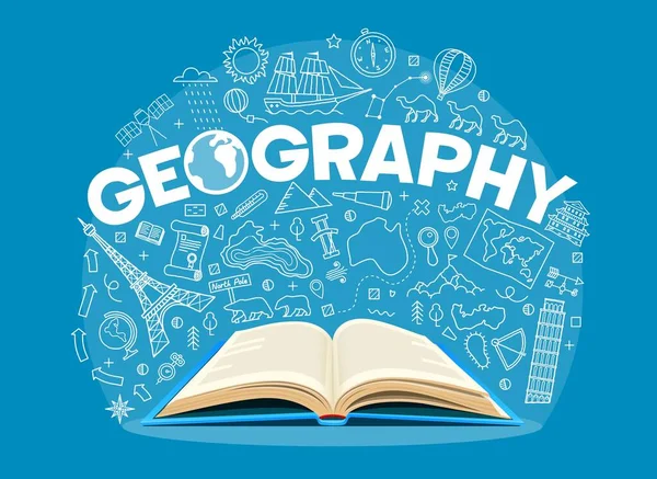 Podręcznik Geograficzny Zarys Symboli Naukowych Tablicy Szkolnej Wektorowe Naukowe Tło — Wektor stockowy