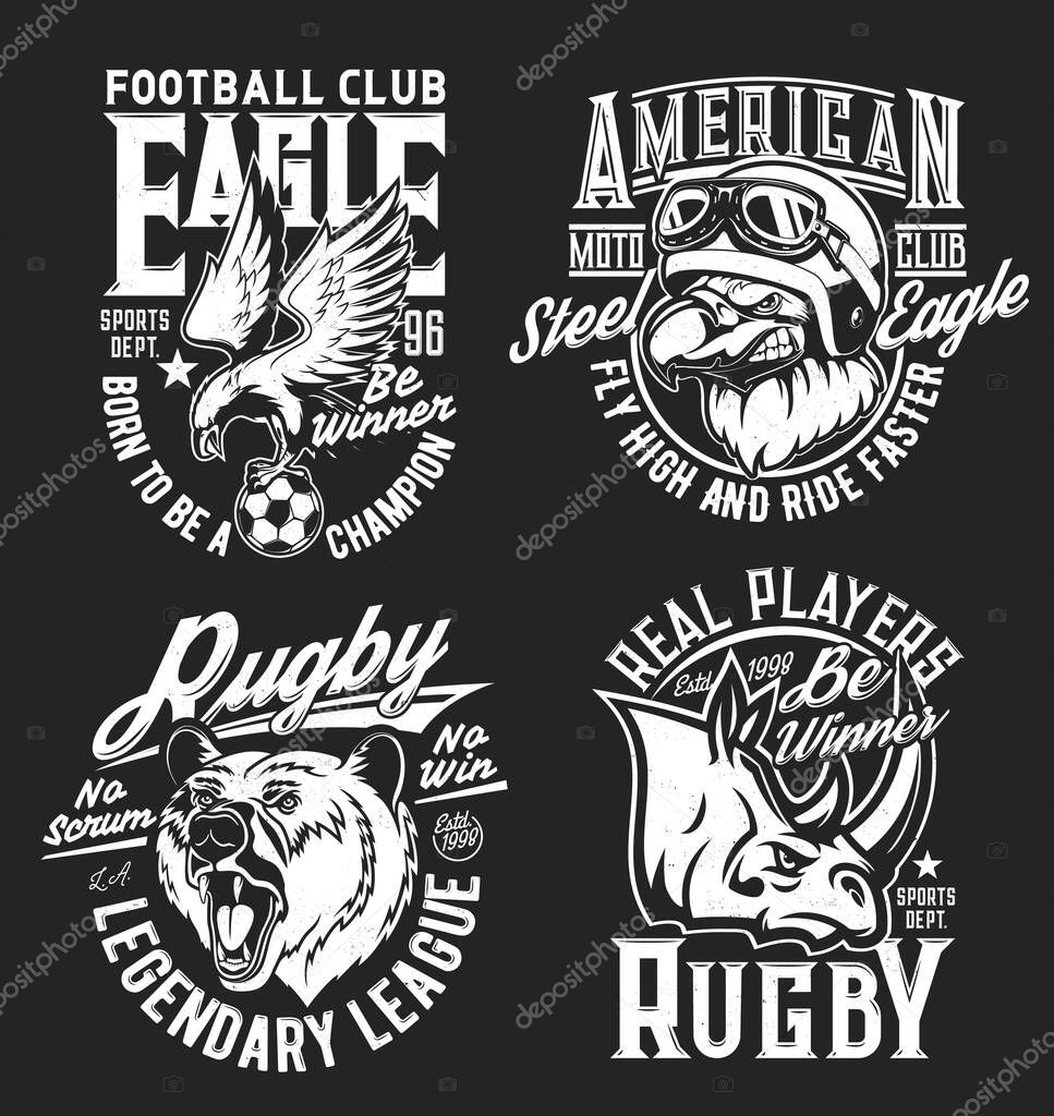 Bear, rhino and eagle mascots and t-shirt prints for sport club, vector badges. Rugby players and football soccer league team or moto bikers club t-shirt prints with mascot bear, rhinoceros and eagle