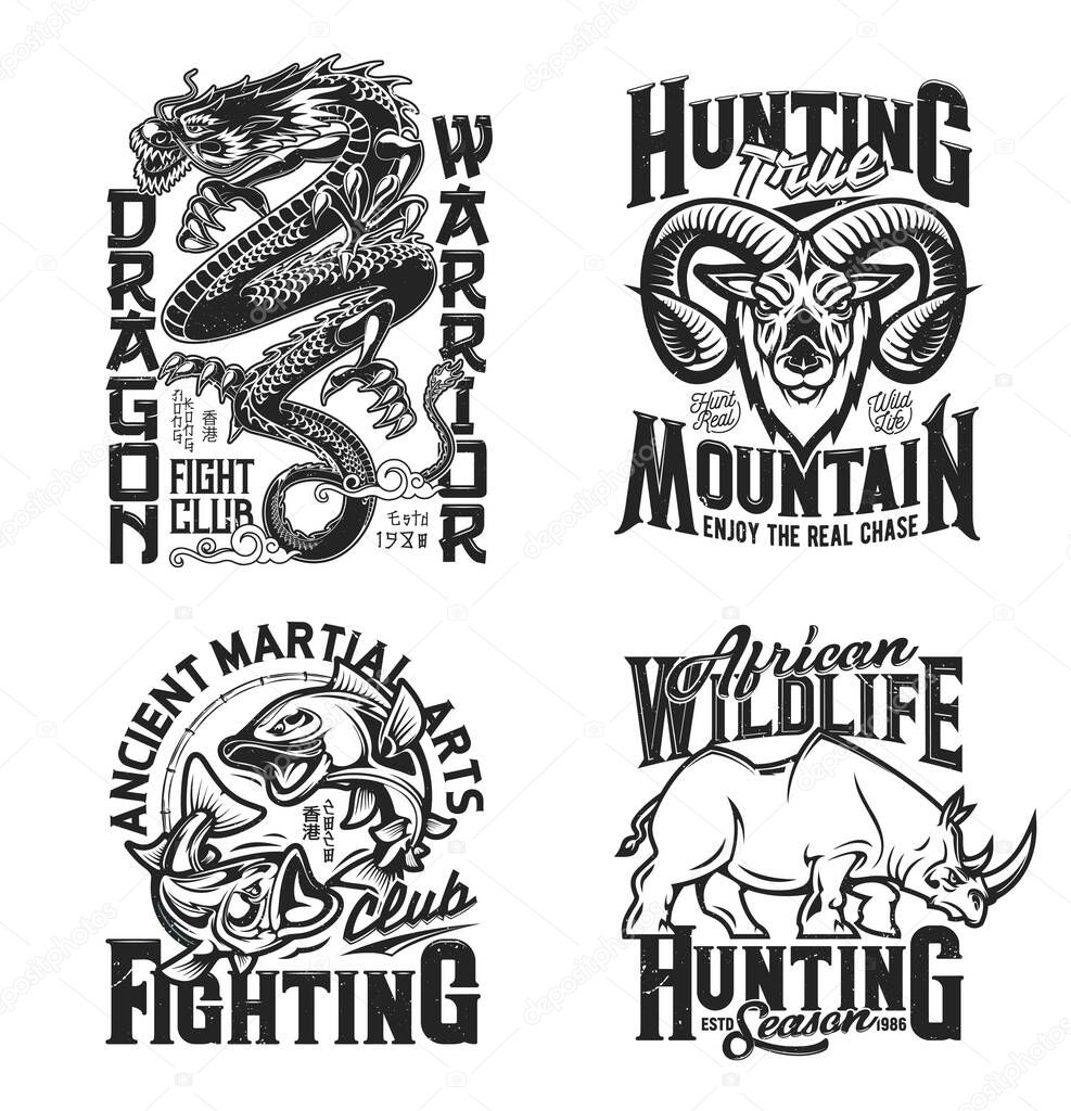 Dragon, rhino, goat and fish sport club mascots and t-shirt prints, apparel vector template. African wild animals, mythical beast and carp fish monochrome typography mockup for hunting and fight sport