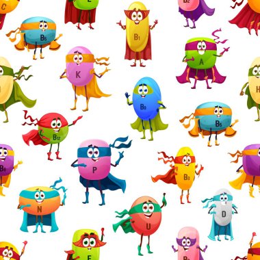 Vitamin süper kahraman karakterleri kusursuz kalıplar. Mutlu yüzlü vektör çizgi film gıda destek kapsülleri. Komik renkli besin elementleri. Yüz maskeleri ve gülen yüzlü pelerinler.